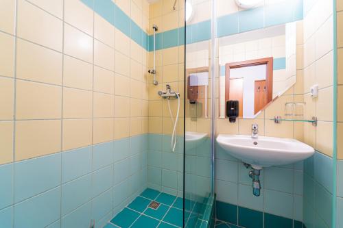 uma casa de banho com um lavatório e um espelho em Hotel RYSY em Tatranska Strba