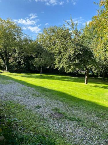 a green park with trees and a grass field at Appartement en campagne in Berville-sur-Mer