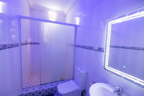 a bathroom with a shower and a toilet and a sink at Big chill stays East Legon in Accra