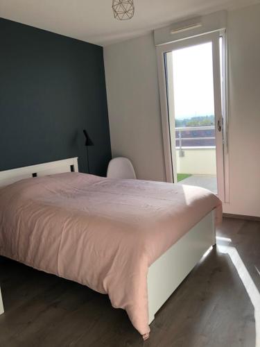 een slaapkamer met een groot bed en een groot raam bij La Terrasse in Straatsburg