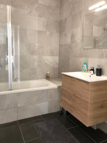 een badkamer met een bad, een wastafel en een douche bij La Terrasse in Straatsburg