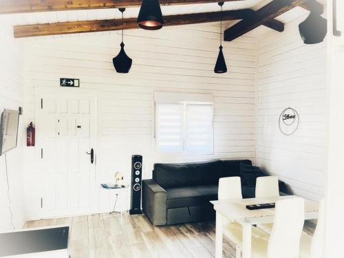 a living room with a black couch and a table at Eco alojamiento la Cartuja de Talamanca in Talamanca de Jarama