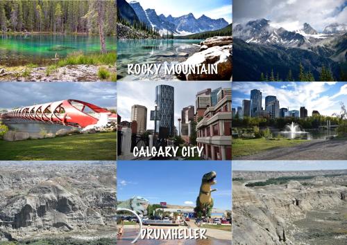 a collage of photos of cities and towns at OFF CAMPUS UC Room in Calgary