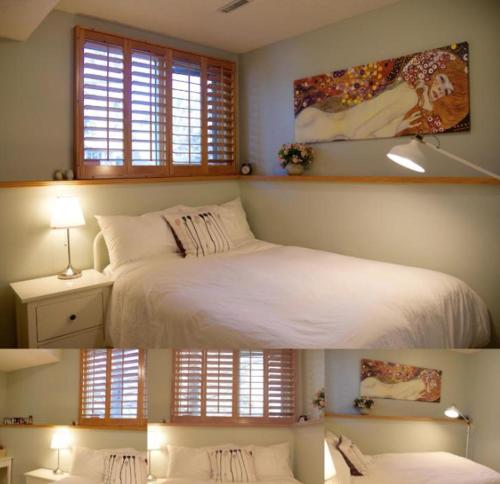 two pictures of a bedroom with a bed and windows at OFF CAMPUS UC Room in Calgary