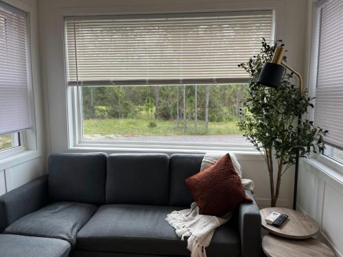 a couch in a living room with a window at The Mockingbird Tiny Home in Perry