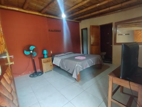 曼科拉的住宿－Casa Tito Máncora - Bungalow Privado，一间卧室配有一张床和电视