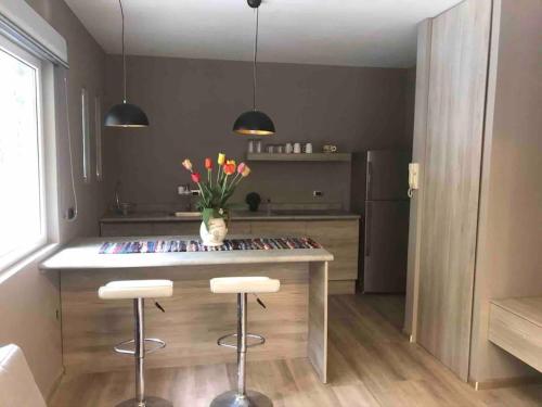 a kitchen with a counter with stools and a table with flowers at Loft Trendy en PB - WTC - Parque Delta - Facturamos in Mexico City