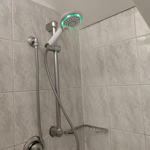 a shower with a shower head in a bathroom at Loft Mansardato in Monza