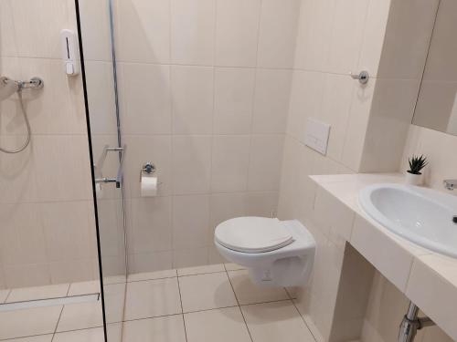 een witte badkamer met een toilet en een wastafel bij Willa Vistula in Ciechocinek