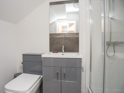 a bathroom with a sink and a toilet and a mirror at Llety Pen Deitsh 2 in Caernarfon