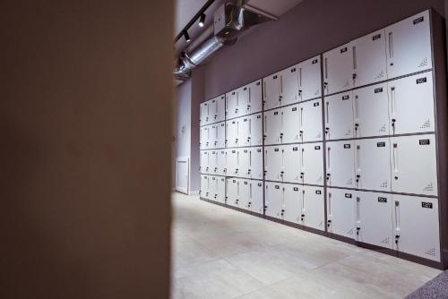 a row of lockers in a locker room at Aiva Hostel in Bishkek