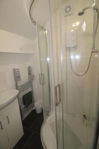 a bathroom with a shower and a toilet and a sink at Dinnington House in Dinnington