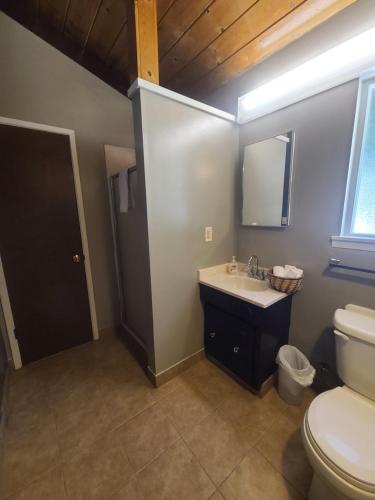 a bathroom with a sink and a toilet and a mirror at Fern River Resort in Felton