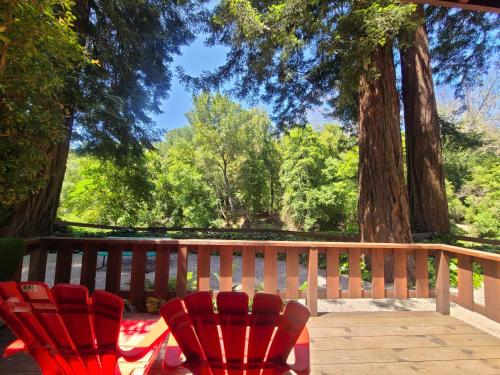 two red chairs sitting on a deck with trees at Fern River Resort in Felton