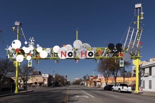 a street with a traffic light with a no turn sign at Dreamy Farmhouse in Studio City in Los Angeles