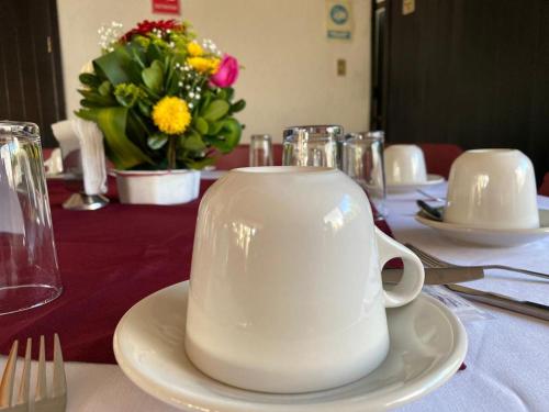 a white tea pot on a table with a vase of flowers at Hotel D´ Alba in Río Blanco