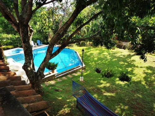 a hammock in a yard next to a swimming pool at Finca con forma de castillo y piscina en Sopetrán in Sopetran