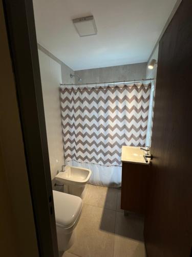 een badkamer met een toilet, een wastafel en een douche bij Confortable y Equipado depto en Salta in Salta