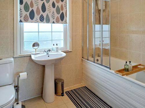 a bathroom with a sink and a shower and a window at Mulberry Cottage - Uk45432 in Isle of Whithorn