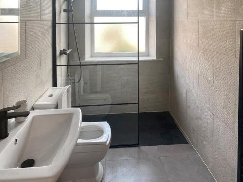 a bathroom with a toilet and a sink and a shower at Frankfurt Flat - Uk44457 in Two Dales