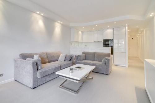 ein Wohnzimmer mit 2 Sofas und einem Tisch in der Unterkunft Beautiful and cosy flat with terrace 1BR4p - Cannes in Cannes