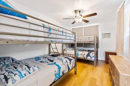 two bunk beds in a room with a ceiling fan at Shark's Cove Front, Sea View, Large 2BR, Full Kitchen, contact us for price drop in Haleiwa