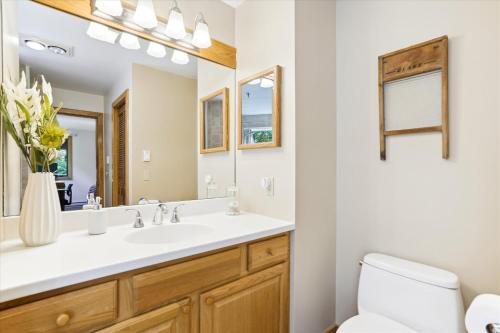 キリングトンにあるBeautifully Decorated Upscale Two bedroom HRE1のバスルーム(洗面台、トイレ、鏡付)