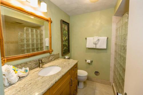 La salle de bains est pourvue d'un lavabo, de toilettes et d'un miroir. dans l'établissement Kaleialoha 413- Remodeled Top floor and direct oceanfront views, à Kahana