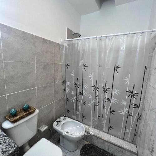a bathroom with a shower curtain and a toilet at Los Geranios Apart in Villa Cubas