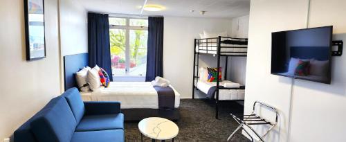 a small room with a bed and a blue couch at Urban Lounge Sleepery in Rotorua