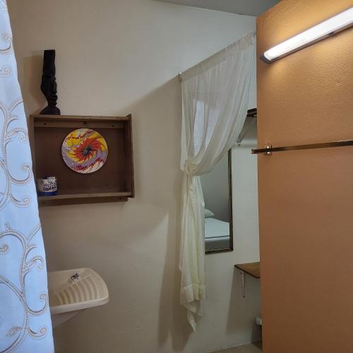 a bathroom with a shower curtain and a mirror at Hacienda Tropical Guest House in Belmopan