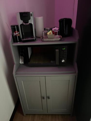 ein Regal mit einer Mikrowelle und anderen Gegenständen darauf in der Unterkunft Love Room 208 Appartement 30m2 in Lambersart