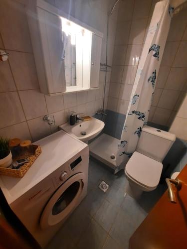 een badkamer met een toilet, een wastafel en een wasmachine bij Aelia Studio in Larisa