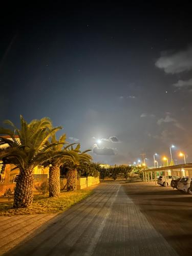 una strada con palme e un ponte di notte di Nautica Hotel Apartments a Stavromenos