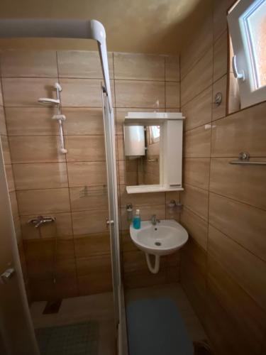 a small bathroom with a sink and a shower at Grande Apartman Nature Connection Drina in Bajina Bašta