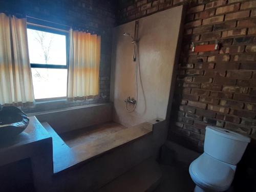 a bathroom with a toilet and a brick wall at West Nest Lodge in Gobabis