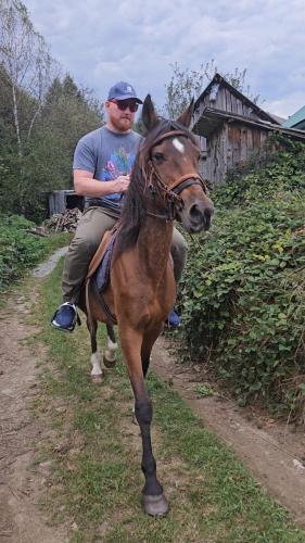 a man riding a horse down a dirt road at Ethnic Grand Room -Tara Place in Mojkovac