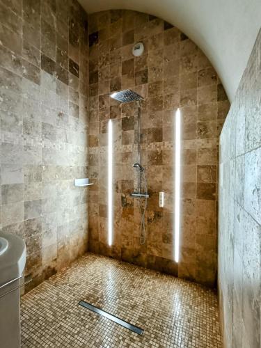 a bathroom with a shower with a tiled floor at Les Chambres De La Renaissance in Sainte-Julie