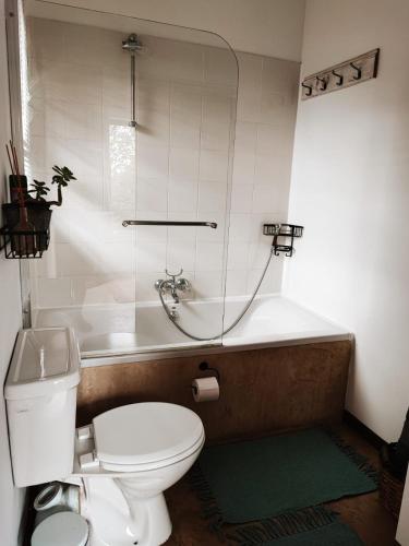 a bathroom with a toilet and a bath tub at Highbourne Cottages in Winterton