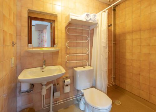 a bathroom with a sink and a toilet and a mirror at Hotel Victoria in Pärnu
