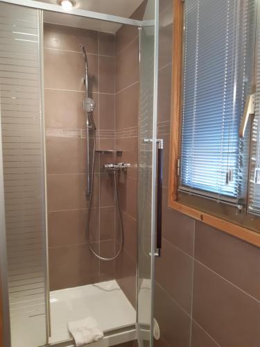 a bathroom with a shower with a glass door at Aiguille du Midi - Hôtel & Restaurant in Chamonix-Mont-Blanc