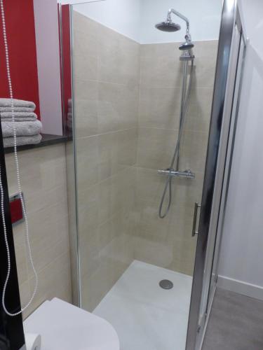 une douche avec une porte vitrée dans une salle de bain dans l'établissement Charmant logement près Parc Buttes Chaumont, à Paris