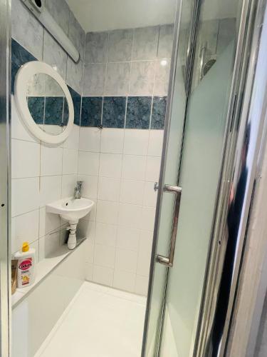 une petite salle de bain avec un lavabo et une douche dans l'établissement Calm And Cozy, à Paris