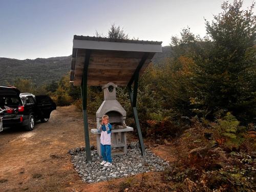 a boy standing in front of an outdoor oven at Ethnic Grand Room -Tara Place in Mojkovac