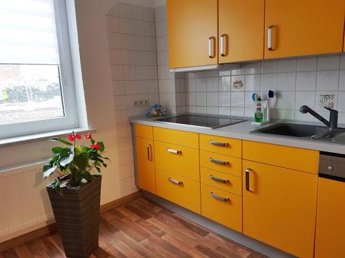 d'une cuisine avec des placards jaunes, un évier et une fenêtre. dans l'établissement Ferienwohnung am Viaduktweg Familie Roman, à Langenleuba-Niederhain