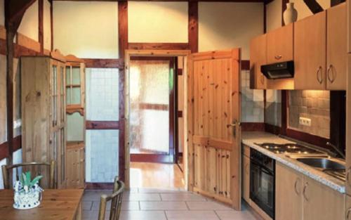 uma cozinha com armários de madeira e uma porta aberta em Schloss Schmuggerow em Schmuggerow