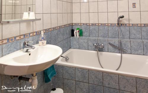een badkamer met een wastafel en een bad bij Au balcon de la Gaume in Meix-devant-Virton