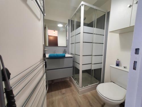 a bathroom with a toilet and a glass shower at Le Victor-Verdure-jardin apaisant in Chartres