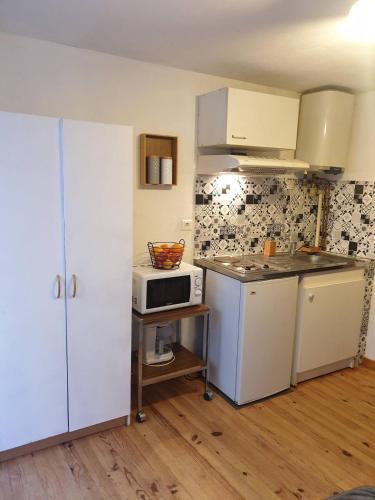 La cuisine est équipée d'un réfrigérateur blanc et d'un four micro-ondes. dans l'établissement Ancienne échoppe à deux pas de la cathédrale, à Saint-Flour