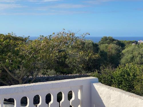 a white fence with trees and the ocean in the background at Holiday Home Finca SANT JAUME in Alaior